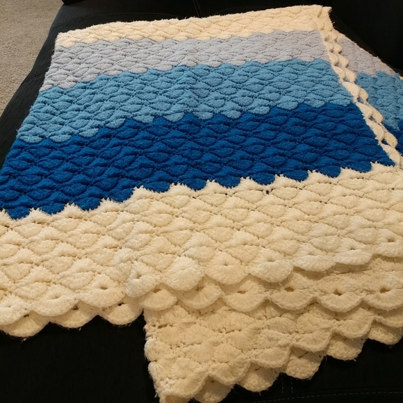 Handmade Other - Vintage Hand Knit Blanket Crochet Blanket Large 64×50 Blue White Stripe Handmade